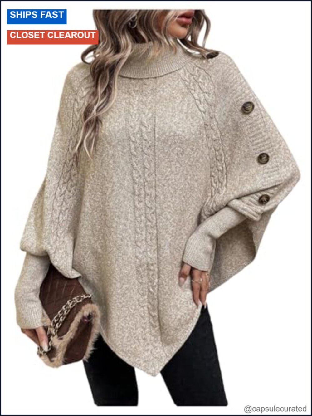Oversized Poncho Sweater Asymmetrical Knit Pullover Batwing Sleeve